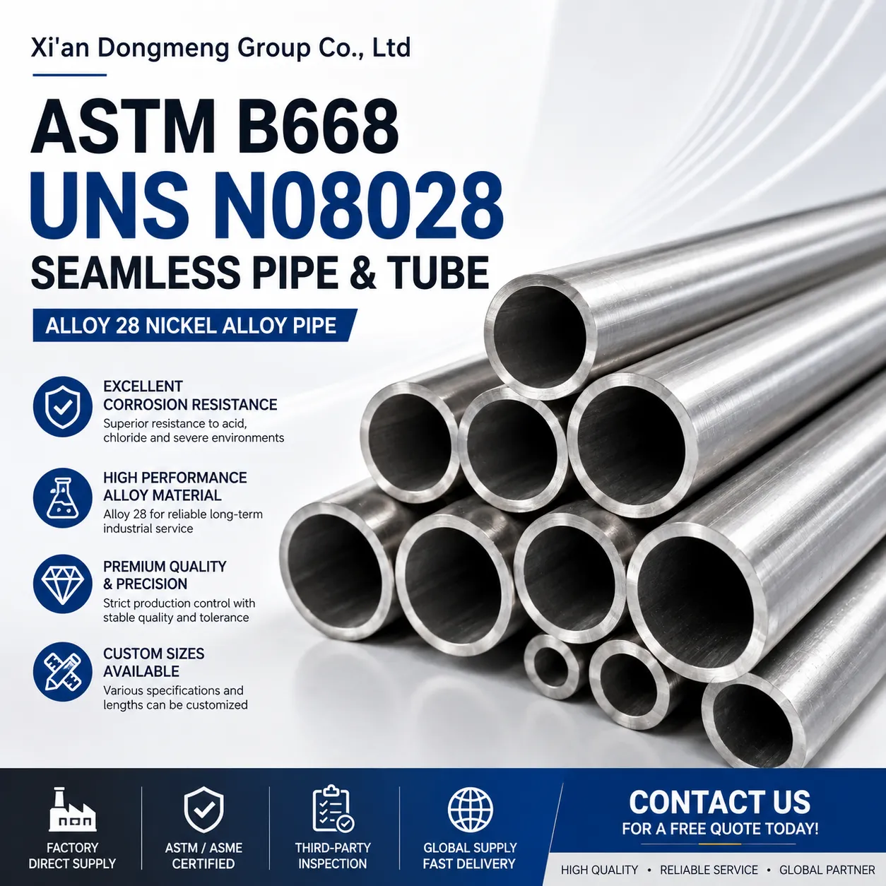 ASTM B668 UNS N08028 N08029 Dikişsiz Boru